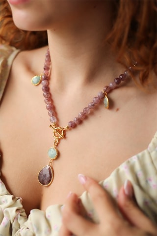 Colar - Dourado a ouro amarelo, quartzo e amazonites