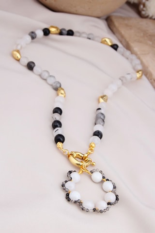 Collier doré à l'or fin jaune - Pierres de lune et onyx