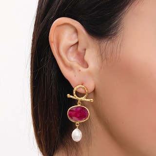 Boucles d'oreilles - Laiton plaqué or, agate & perle