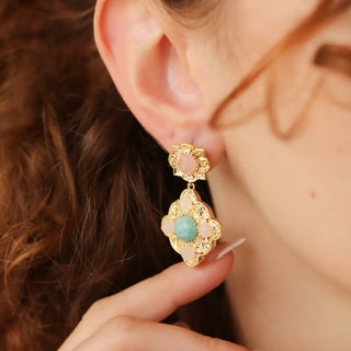 Boucles d'oreilles - Laiton plaqué or, quartz & aigue-marine