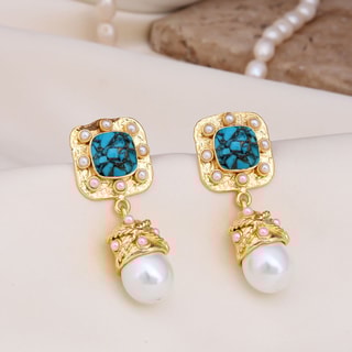 Boucles d'oreilles - Laiton plaqué or, perle & turquoise 