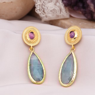 Boucles d'oreilles - Laiton plaqué or, améthyste & aigue-marine
