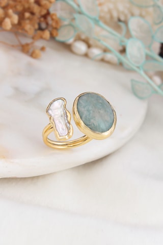 Bague - Plaqué or jaune, amazonite et perle de culture
