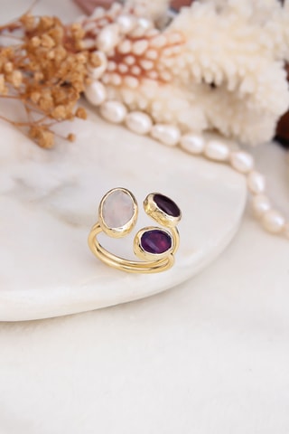 Bague - Plaqué or jaune, agates et quartz rose