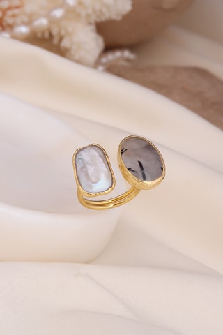 Bague - Plaqué or jaune, rutile et perle de culture