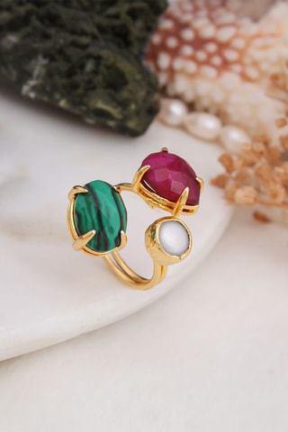 Bague - Plaqué or jaune, malachite, agate et perle de culture