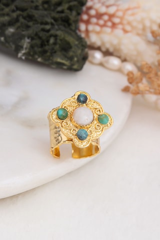 Bague - Plaqué or jaune, pierre de lune et turquoises