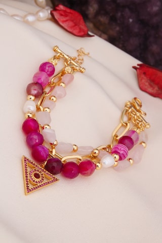 Bracelet multi-rangs - Plaqué or jaune et agates