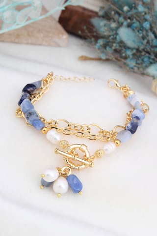 Bracelet multi-rangs - Plaqué or jaune, agates et perles de culture