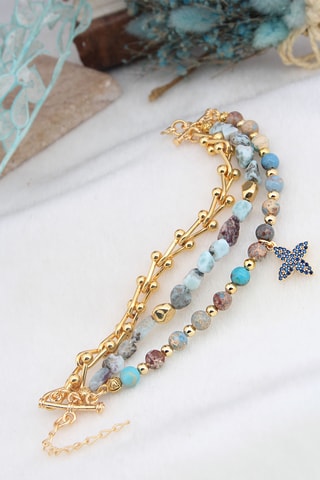 Bracelet multi-rangs - Plaqué or jaune et turquoises