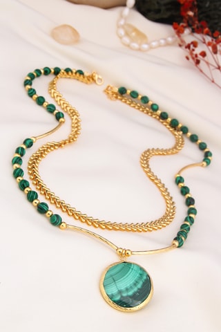 Collier multirangs - Plaqué or jaune et malachites