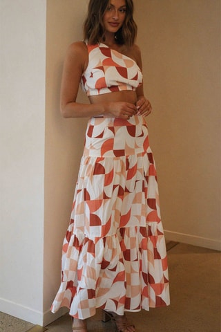 Crop top e saia comprida cintura subida - Branco e coral