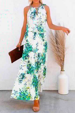Vestido comprido Cru e turquesa
