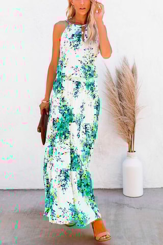 Vestido comprido Cru e turquesa