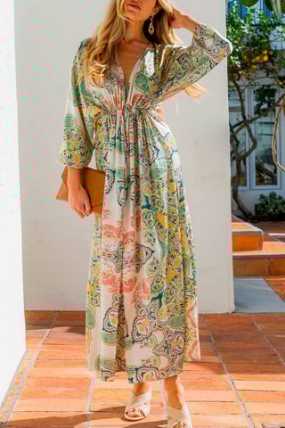 Vestido comprido Cru e verde