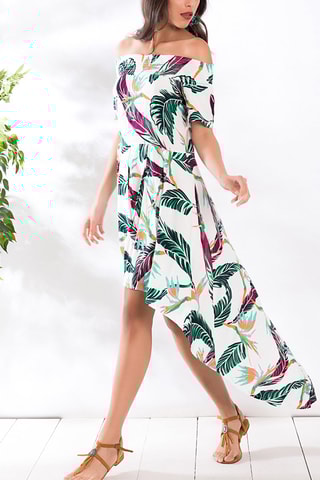 Vestido assimétrico Cru e verde esmeralda