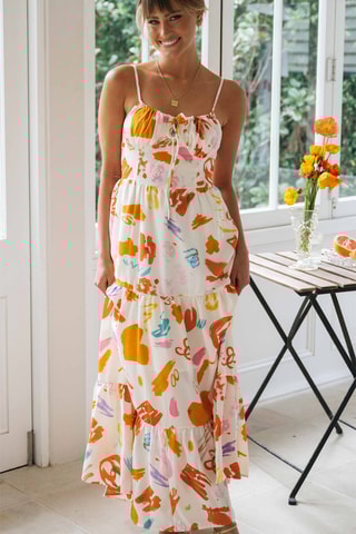 Vestido comprido - Cru e laranja