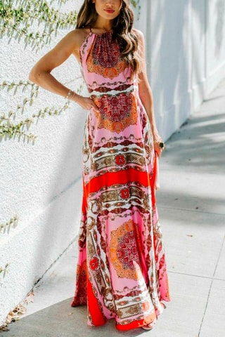 Vestido comprido Rosa e bordô