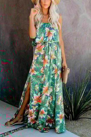 Vestido comprido Verde e coral