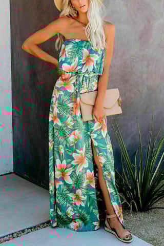 Vestido comprido Verde e coral