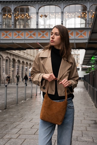 Sac porté épaule en nubuck Clison - Camel