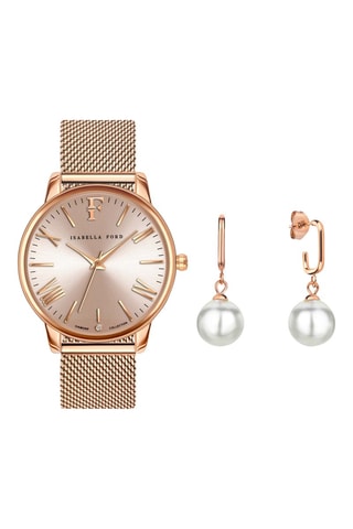 Set Stalen Quartz Horloge, diamanten, oorbellen en fijne parels Scarlett
