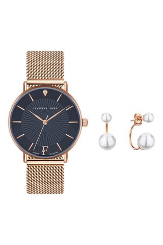 Set Stalen Quartz Horloge, diamanten, oorbellen en fijne parels Florence