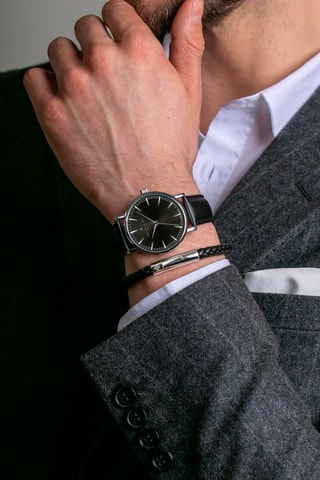Leren Quartz Horloge Zwart en Zilverkleurig