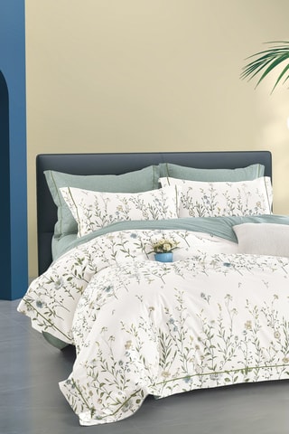Parure de couette réversible en percale de coton 80 fils/cm² - Blanc et sauge