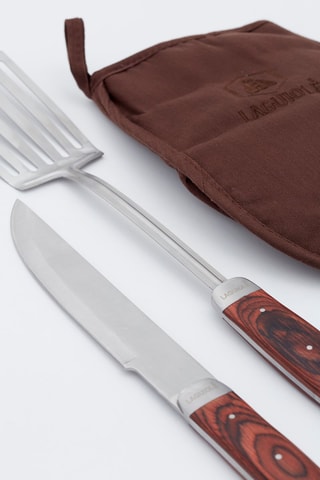Conjunto para barbecue em madeira e aço inoxidável