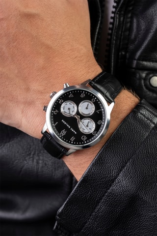 Montre à quartz en cuir - Noir et argenté