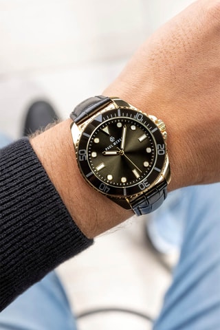 Montre à quartz en cuir - Noir et doré
