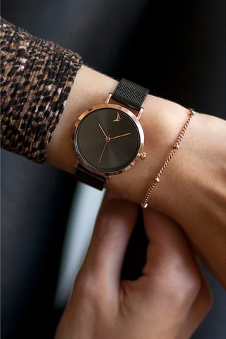 Montre à quartz en acier - Noir et doré rose - Emily Westwood