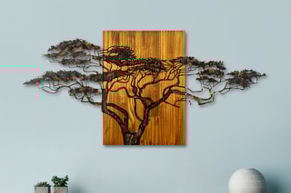 Decoração de parede em madeira Acacia Tree - 144 x 70 x 3 cm - Natural e preto