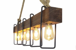 Candeeiro suspenso em pinho maciço -  Natural e preto - 5 x 40 W