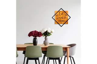 Decoração de parede em madeira Eat, Drink Be, Happy - 54 x 54 cm - Natural e preto