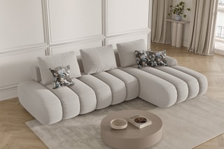 Canapé d'angle droit convertible Simona - Beige - 4 places - En polyester
