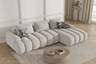 Canapé d'angle droit convertible Simona - Beige - 3 places - En polyester