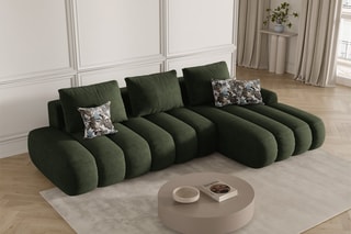 Canapé d'angle droit convertible Simona - Kaki - 4 places - Toucher velours