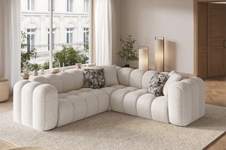 Canapé d'angle symétrique modulable Elise - Beige - 5 places - En tissu chenille