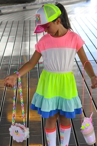 Vestido com folhos - Rosa e amarelo