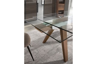 Table extensible en verre et noyer - 180-270 x 76 x 100 cm