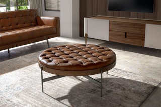 Table basse en bois et cuir - 100 x 40 x 100 cm