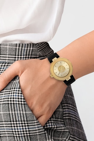 Montre à quartz en cuir et plaqué ion or jaune Brick Lane Lion - Noir