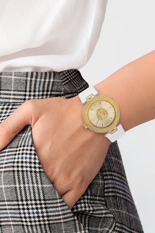 Montre à quartz en cuir et plaqué ion or jaune Brick Lane Lion - Blanc