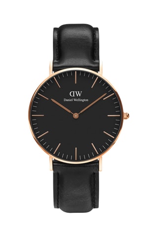 Montre à quartz en cuir Classic 36 - Noir et doré rose