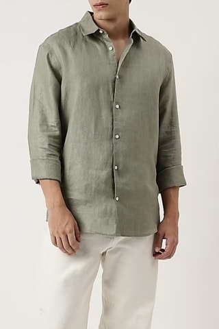 Camisa regular em linho - Verde-sálvia