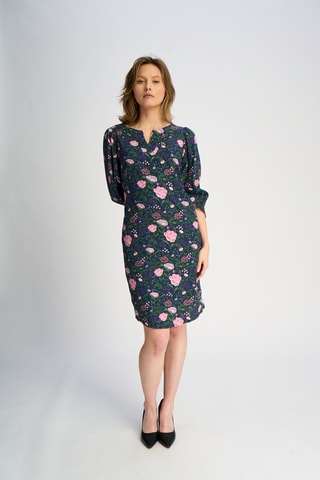 Vestido direito em linho - Azul-marinho e rosa