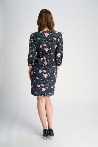 Vestido direito em linho - Azul-marinho e rosa