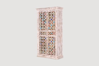 Armoire 4 portes et 2 tiroirs - Blanc vieilli et doré